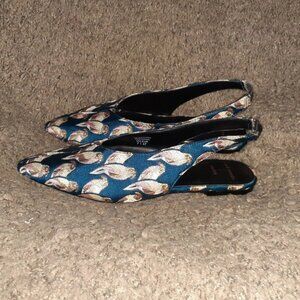 BLACK SUEDE STUDIO-Textile Bird Flat Slingback-Navy-Sz 7-Near Mint